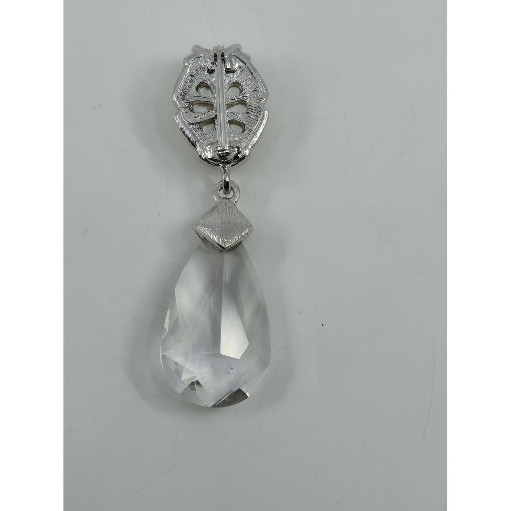 Vintage Signed Craft Silver Tone Faux Pearl Rhinestone Teardrop Crystal Brooch - Picture 3 of 6